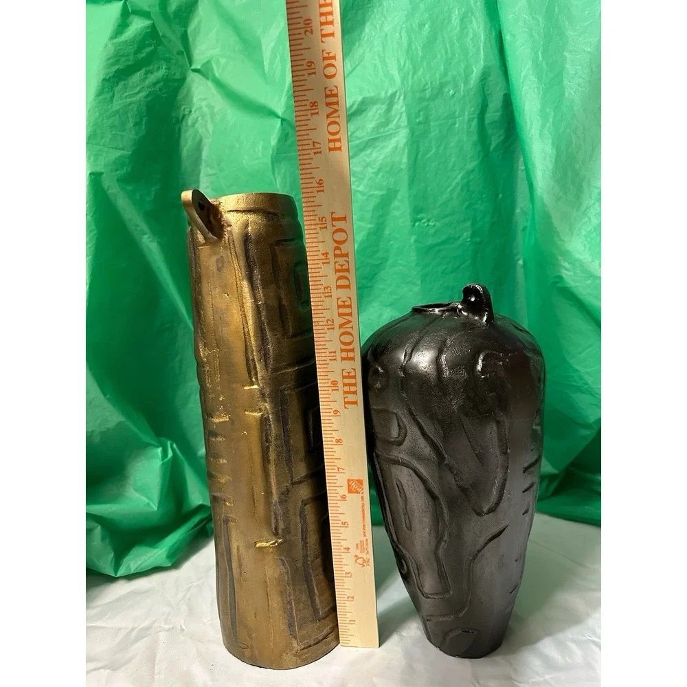 Set of 2‎ Modern Textured Ceramic Vases Gold & Black Abstract Decor 15